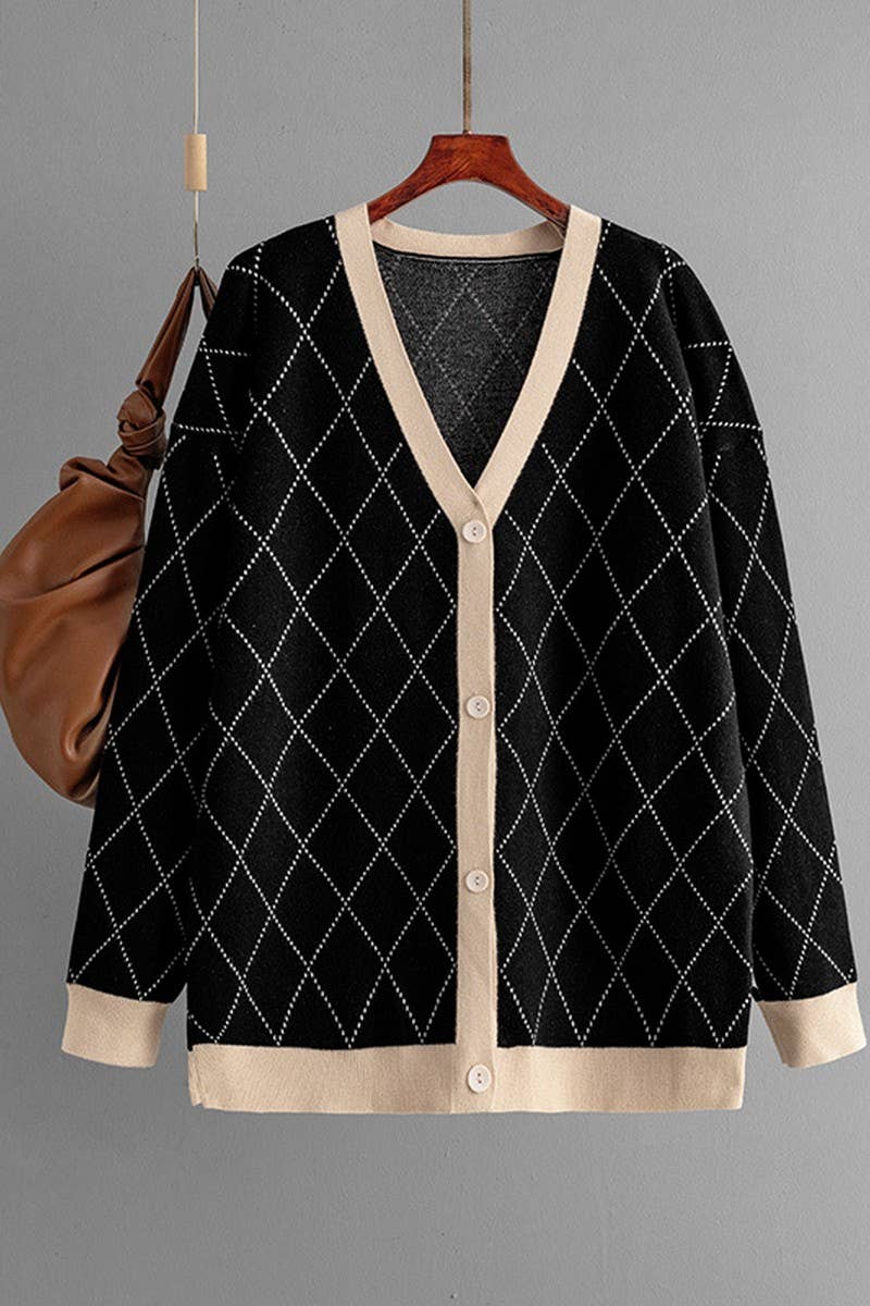 CWOCAL00676_V NECK LOOSE BUTTON PLAID KNIT CARDIGAN