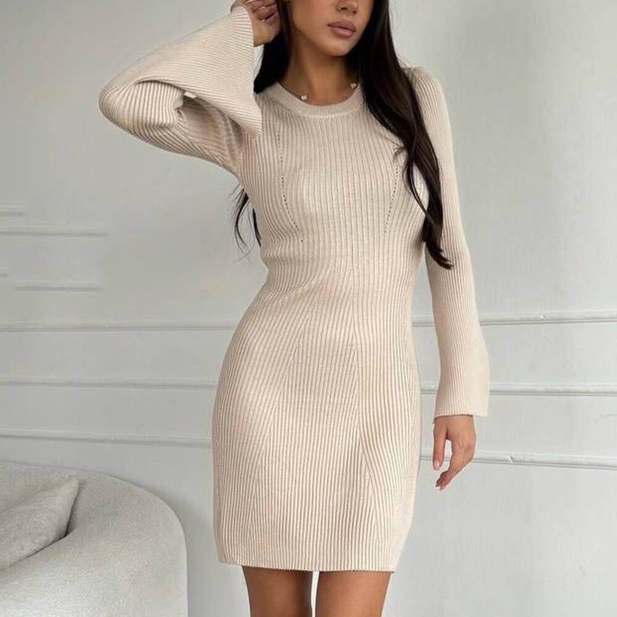 ROUND NECK FLARED SLEEVE PIT STRIP KNITTED DRESS
