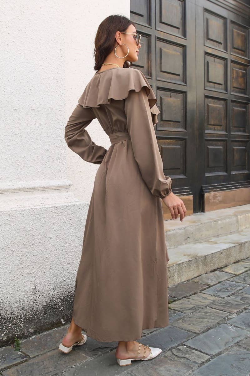 CWDMD3959_AUTUMN RUFFLED LONG-SLEEVED LACE-UP DRESS