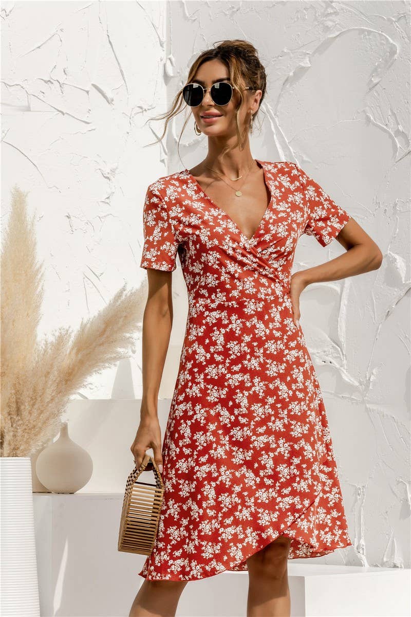 SEXY V NECK LACE UP FLORAL DRESS_CWDSD2629