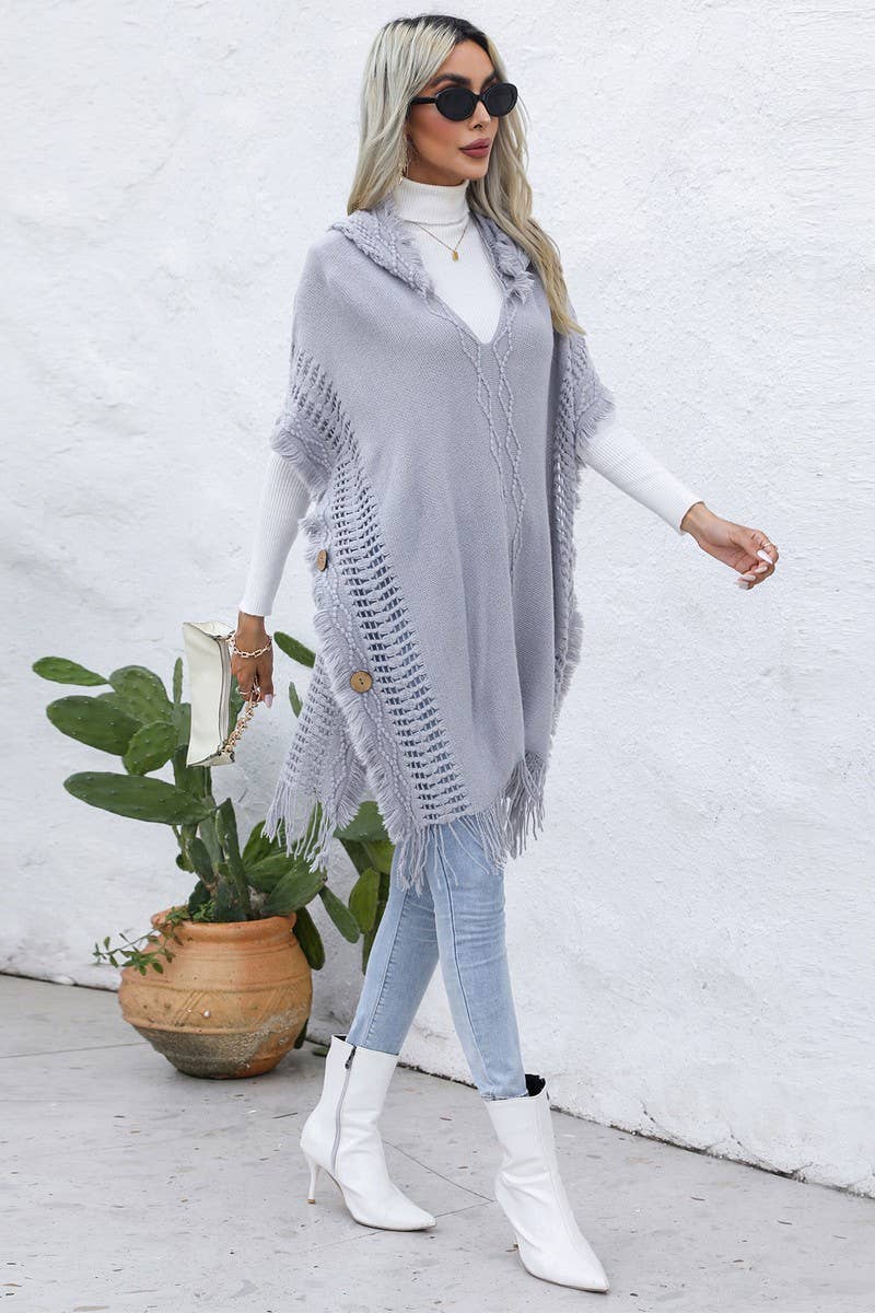 CWOSWL6438_V-NECK FRINGED HOODED MID-LENGTH CAPE KNITTED TOP