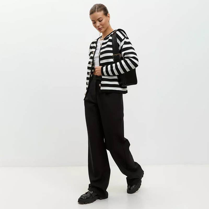 TEMPERAMENT VERSION BUCKLE STRIPED KNIT CARDIGAN