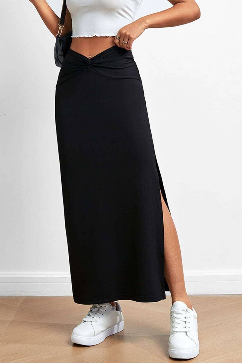 CWBLS0321_SOLID COLOR HIGH WAIST DRAPED SLIT MAXI SKIRT
