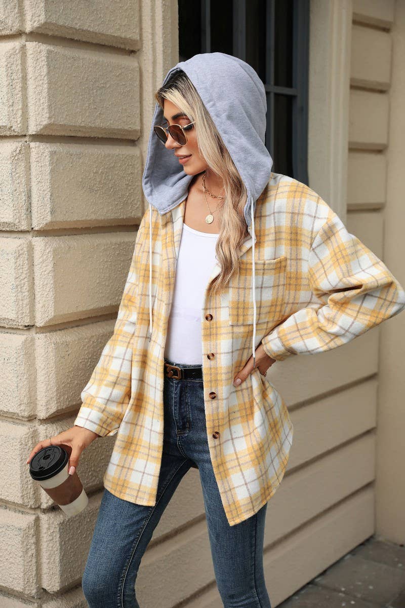 CWOCO0491_HOODED BUTTON-DOWN PLAID LONG-SLEEVED COAT