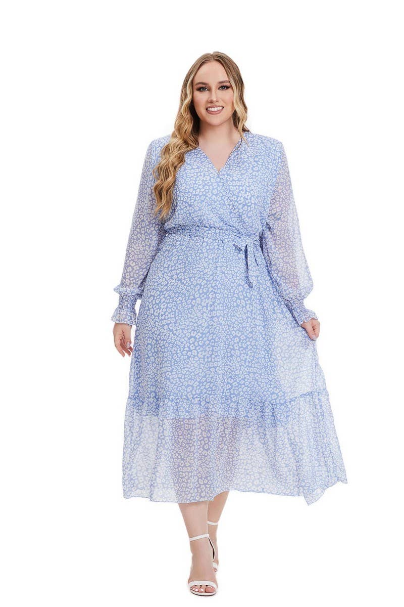 CWDMD3240_PLUS SIZE V NECK LONG SLEEVE FLORAL DRESS