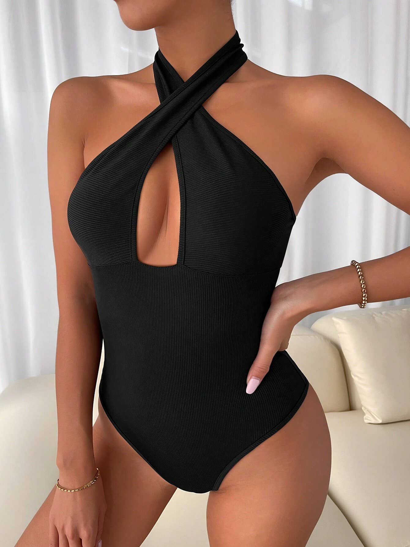 Sexy backless cross halter solid color jumpsuit
