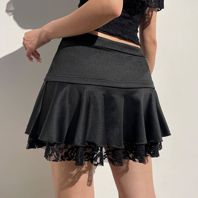 A-LINE SKIRT BOW EMBELLISHED LACE FRILLY SKIRT