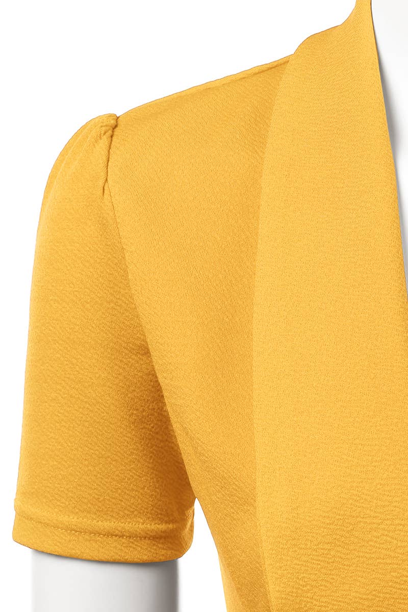 CWOBL095-P_Short Sleeve Open Front Draped Ruffles Blouses