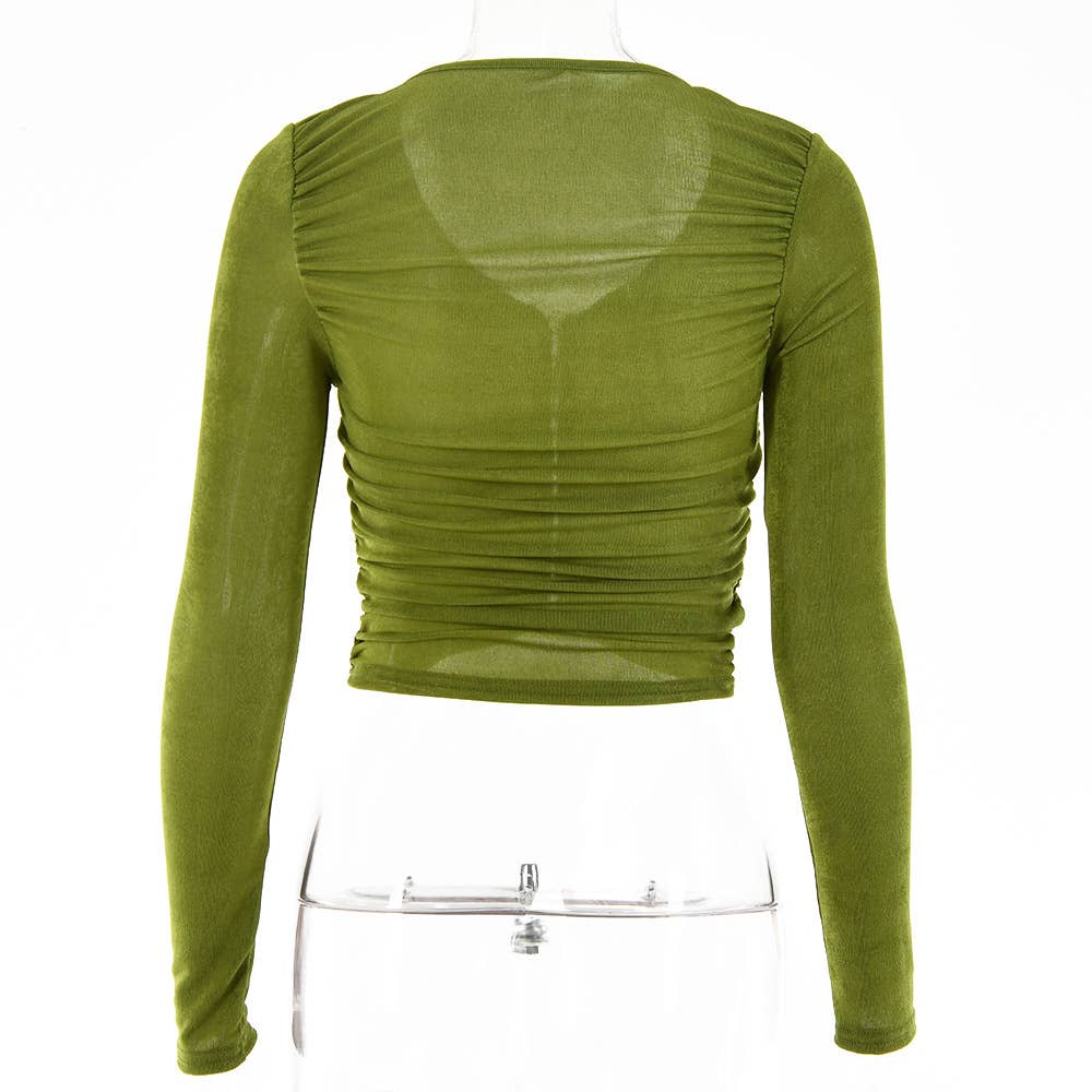V-neck solid color pleated hidden button top