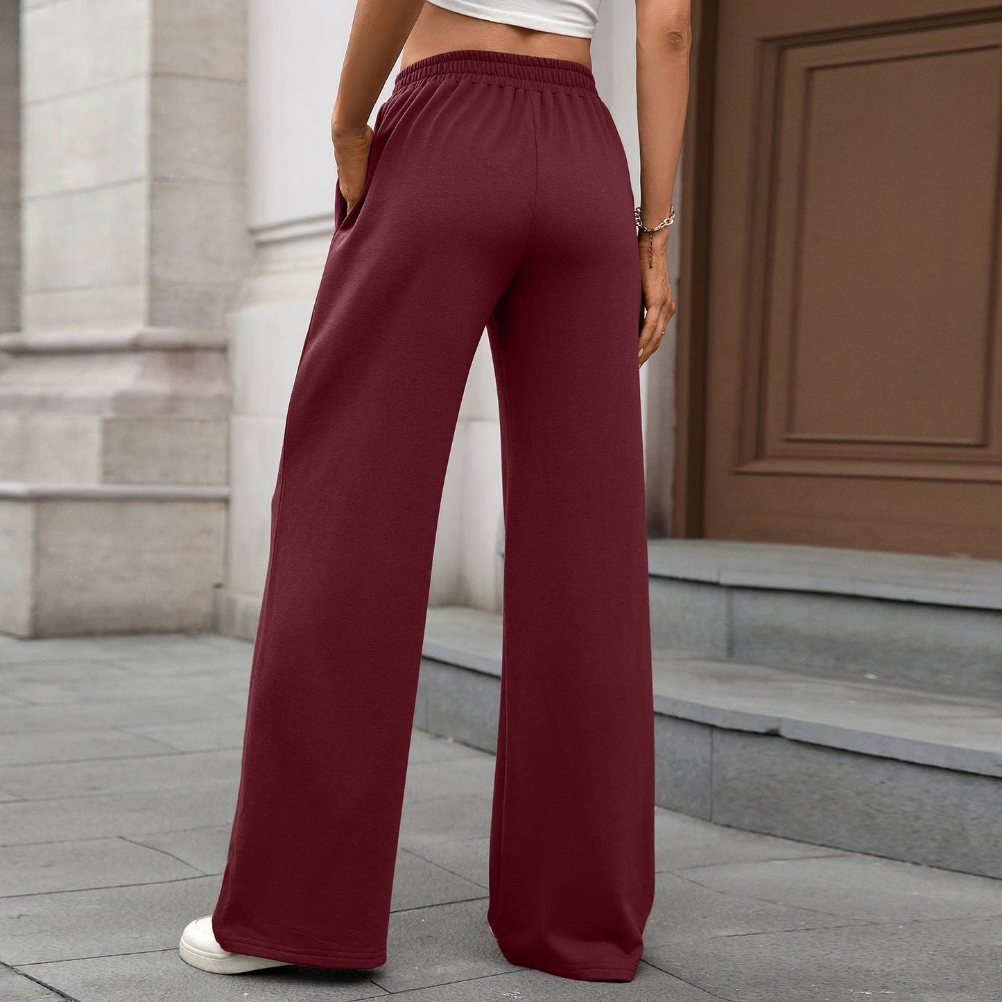 Solid color tight-waist straight casual pants
