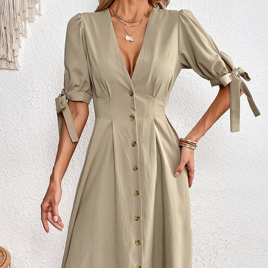 SINGLE BREASTED DEEP V-NECK WAIST LONG DRESS