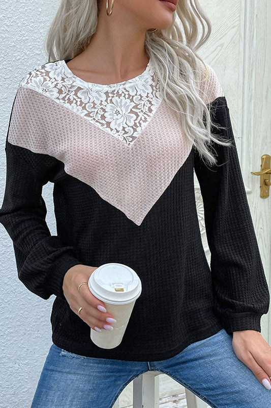 LACE CUTOUT SWEATER WITH A CONTRASTING CREW-NECK