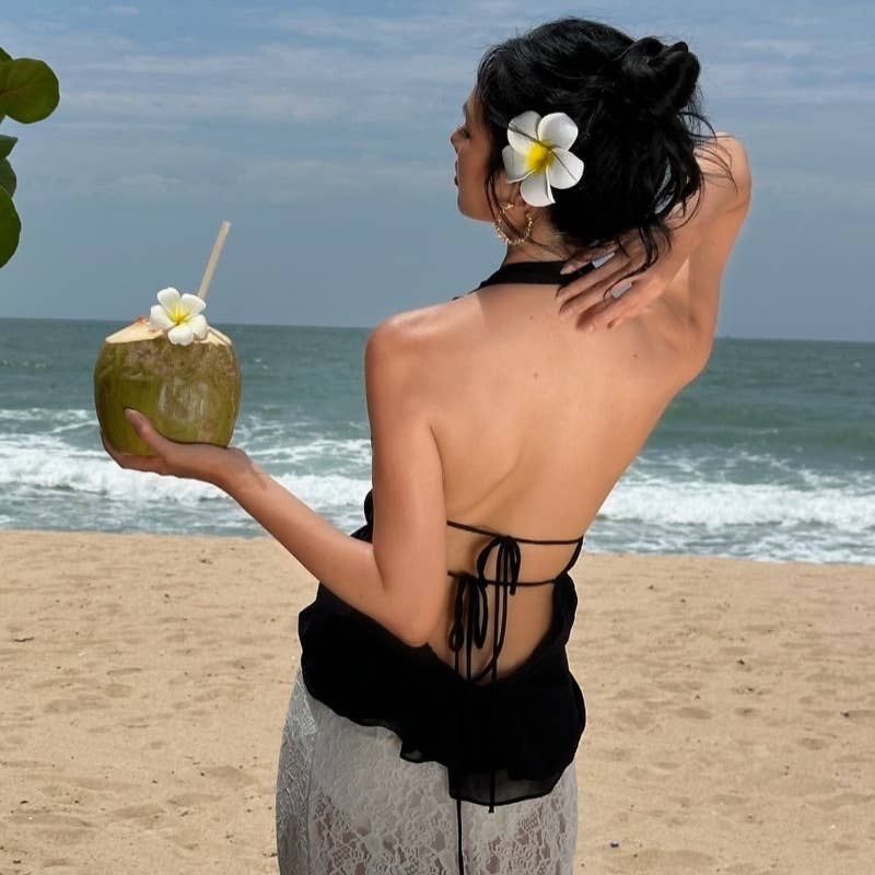 Solid-color backless, lace-up halter top