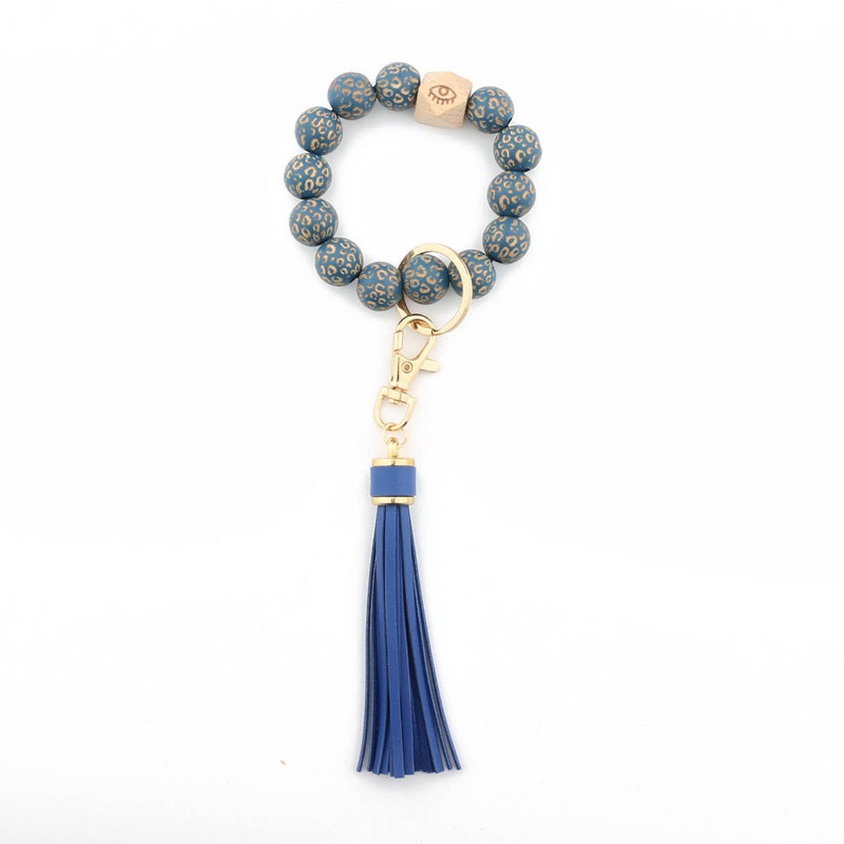 Leopard Wood Bead Bracelet Keychain with Tassel