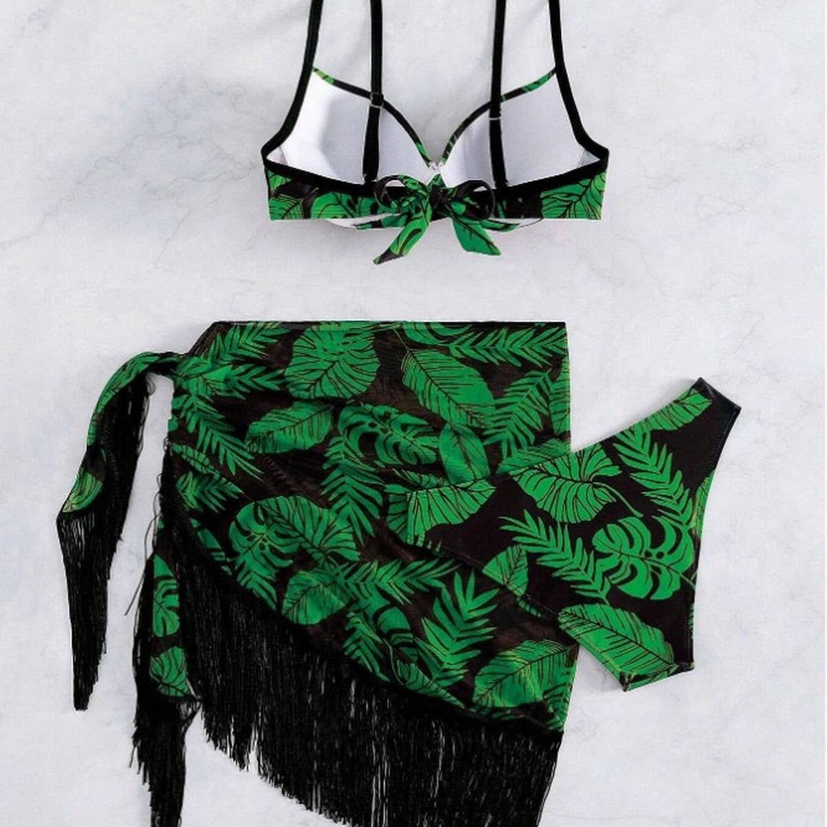 PRINTED TASSEL WRAP SKIRT THREE-PIECE SWIMSUIT_CWMW0335