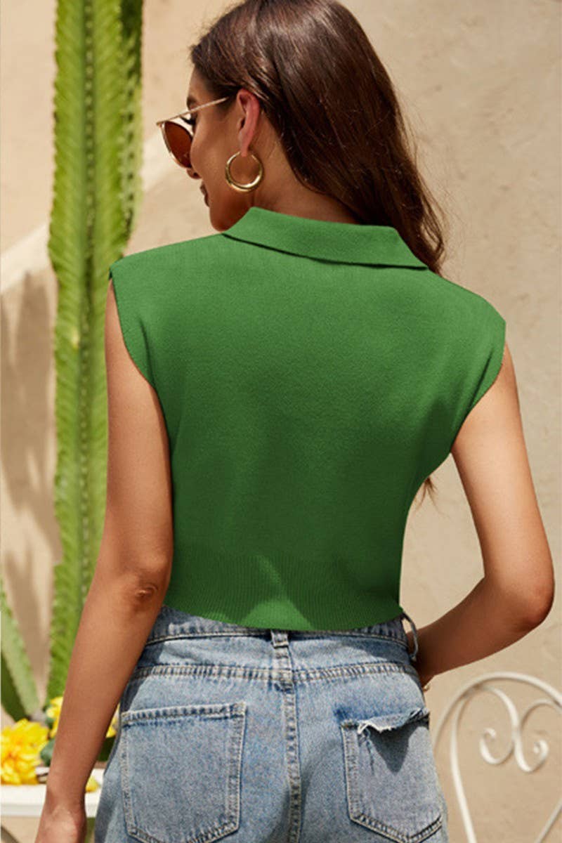 SOLID POLO NECK CASUAL SHORT SLEEVELESS KNIT TOP_CWOSWSL0084