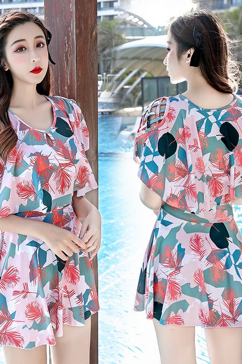 CWMW0864_PRINTED SHORT-SLEEVED SLIM-FIT SWIMSUIT DRESS