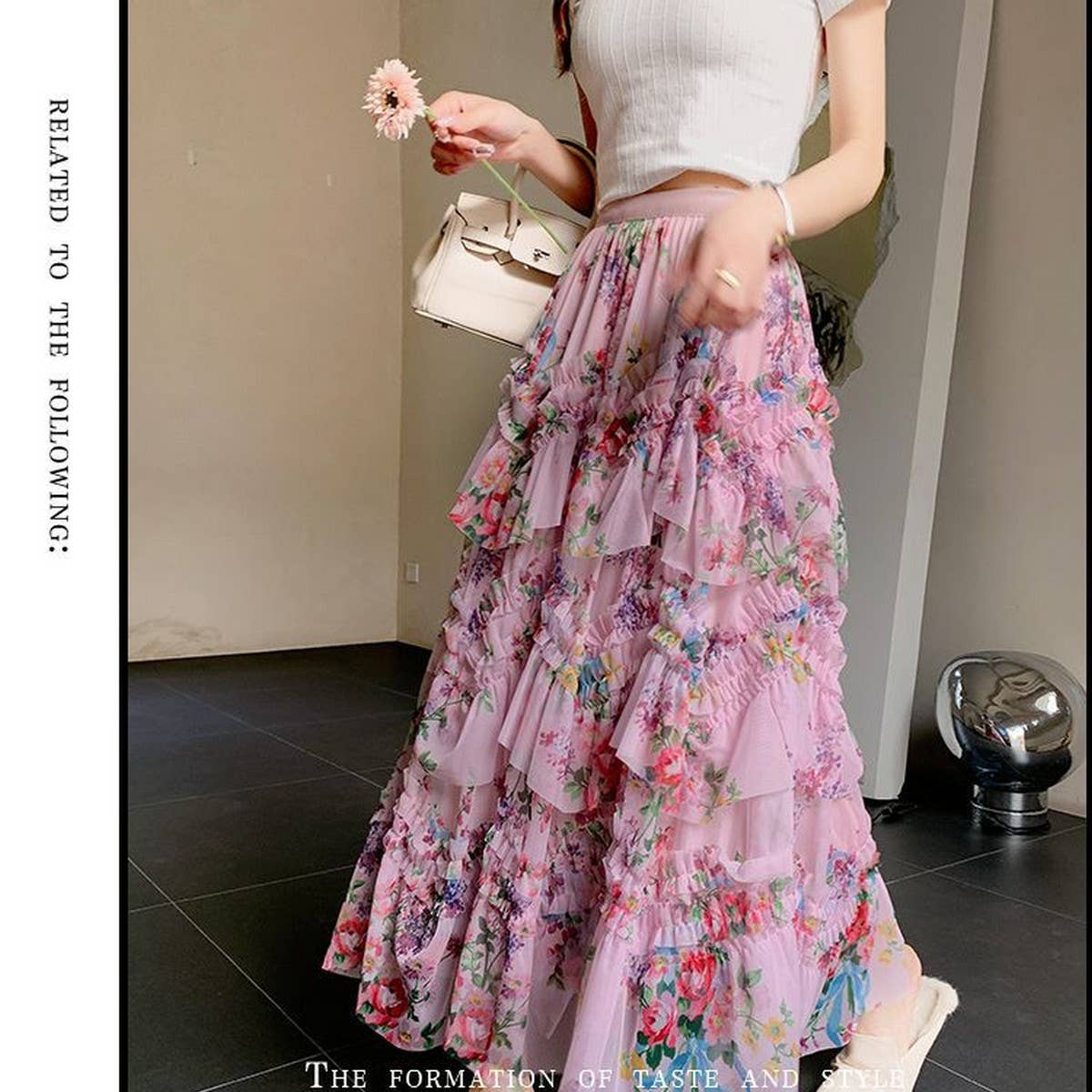 COLORFUL FLORAL MESH PRINT PLEATED TULLE SKIRT