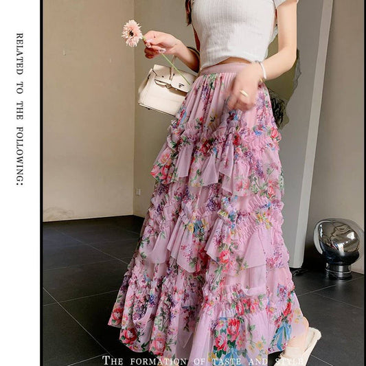 COLORFUL FLORAL MESH PRINT PLEATED TULLE SKIRT