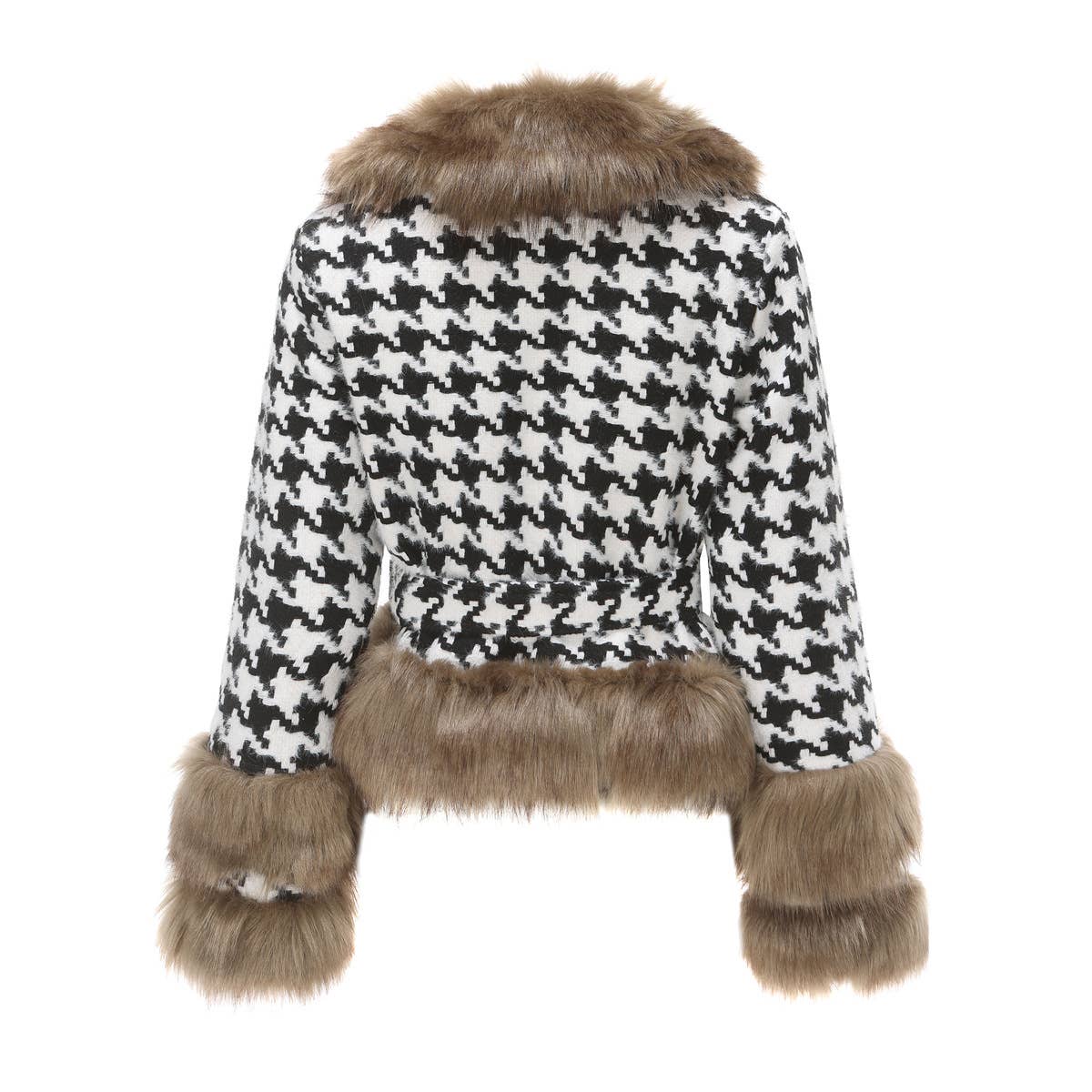 STYLISH PLAID COAT WITH FUR COLLAR