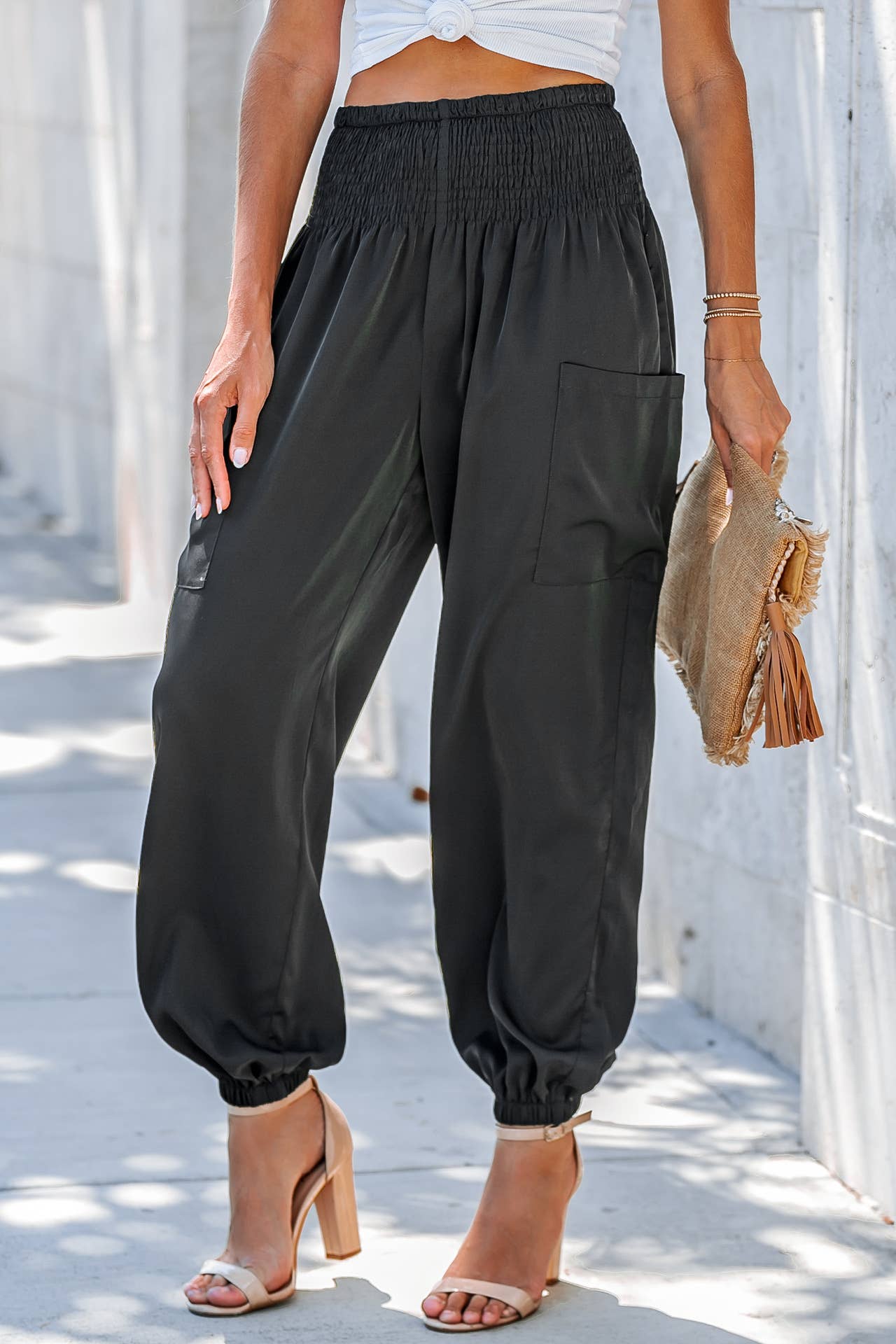 SOLID COLOR ELASTIC HIGH-WAISTED WIDE-LEG NINERS