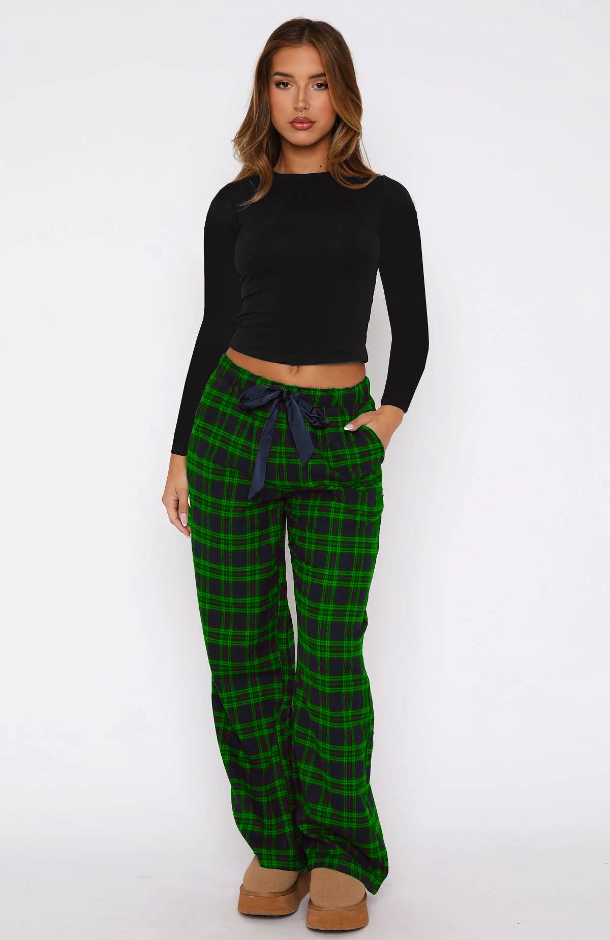 Fashion drawstring checkered straight-leg pants