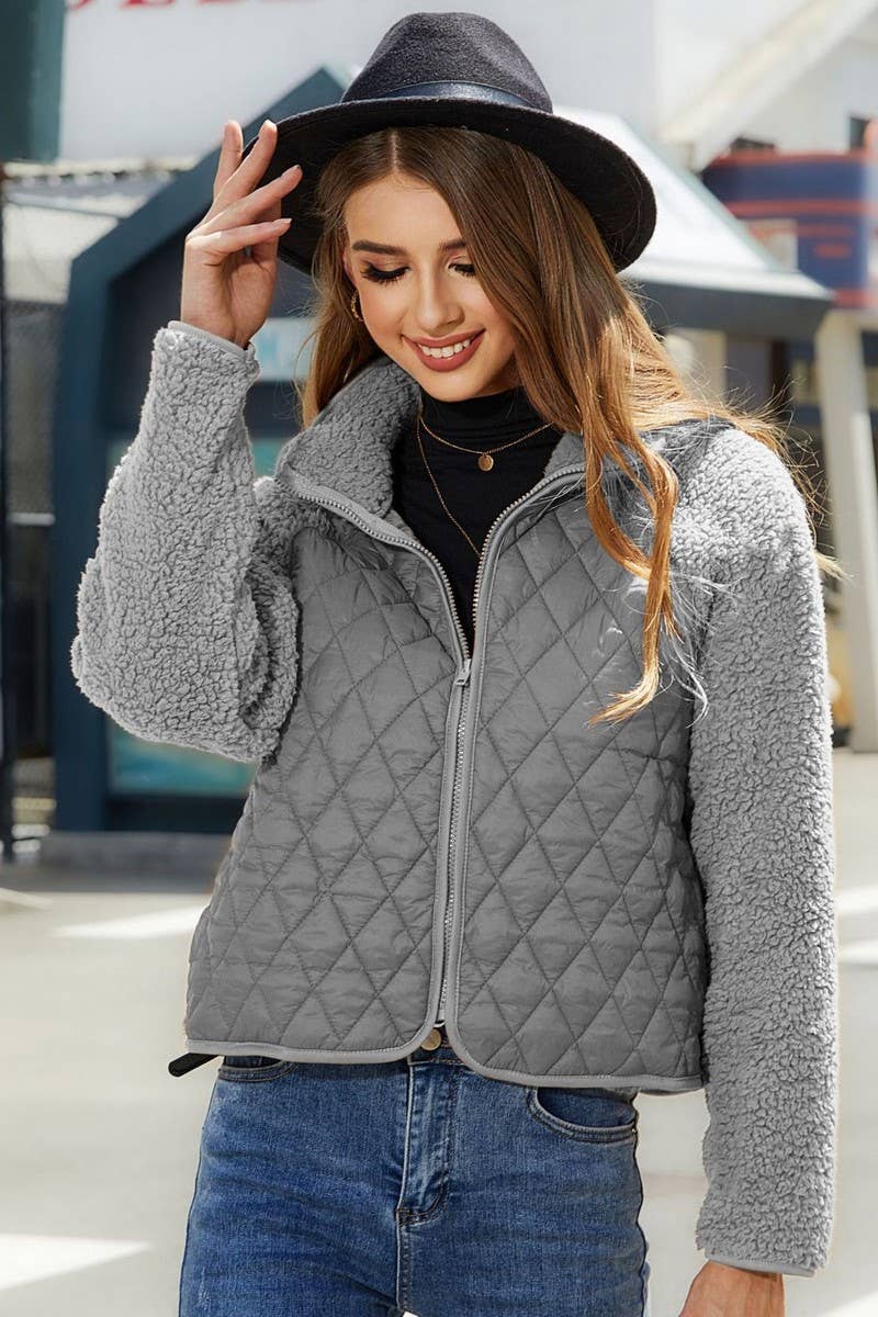 WOMEN HIGH NECK QUILTING ZIP UP FLEECE JACKET_CWOJA0622