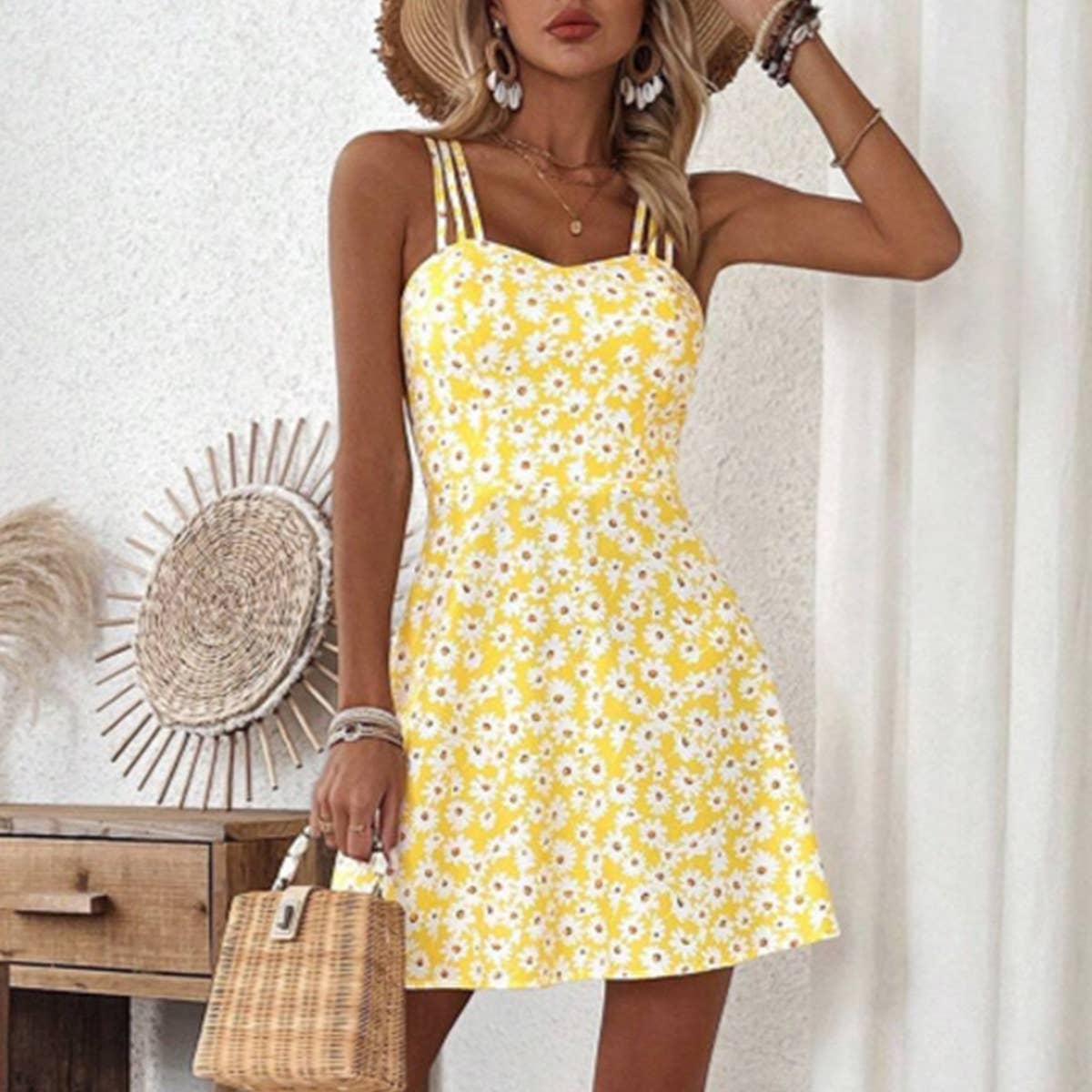 Short waistline yellow floral print halter dress