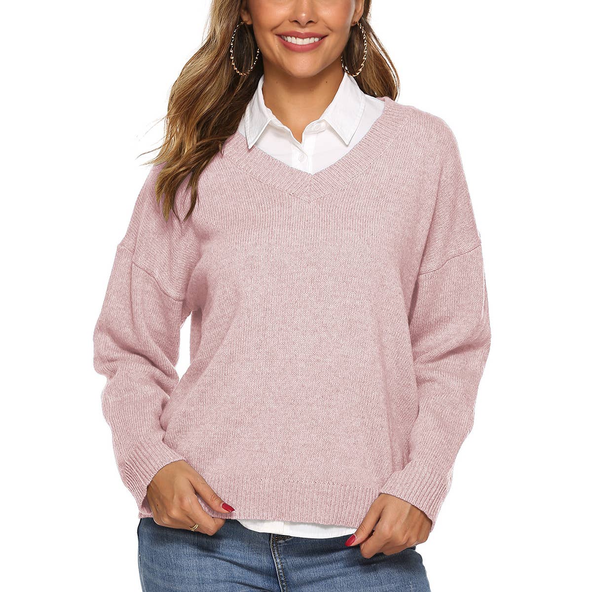 SIMPLE V-NECK PULLOVER SWEATER IN SOLID COLOR