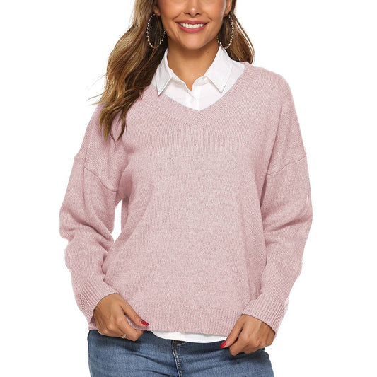 SIMPLE V-NECK PULLOVER SWEATER IN SOLID COLOR