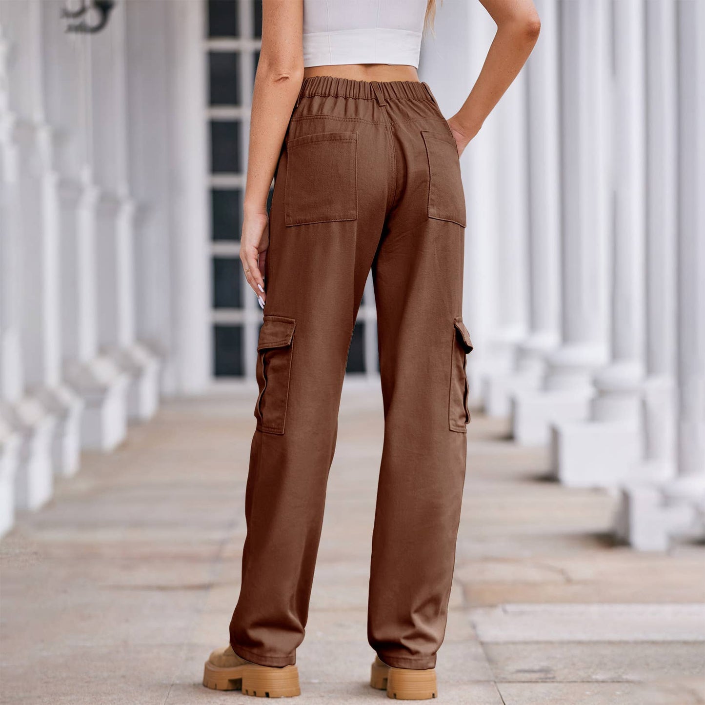 Washed semi-elastic waist denim workwear trousers