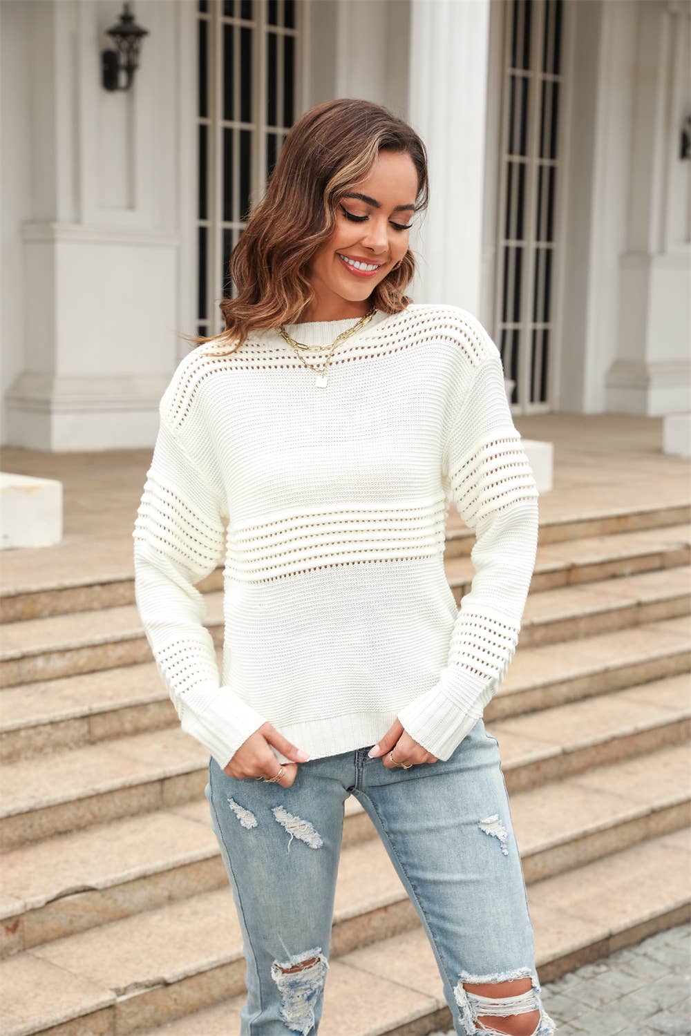 Solid color long sleeve pit pullover sweater for women