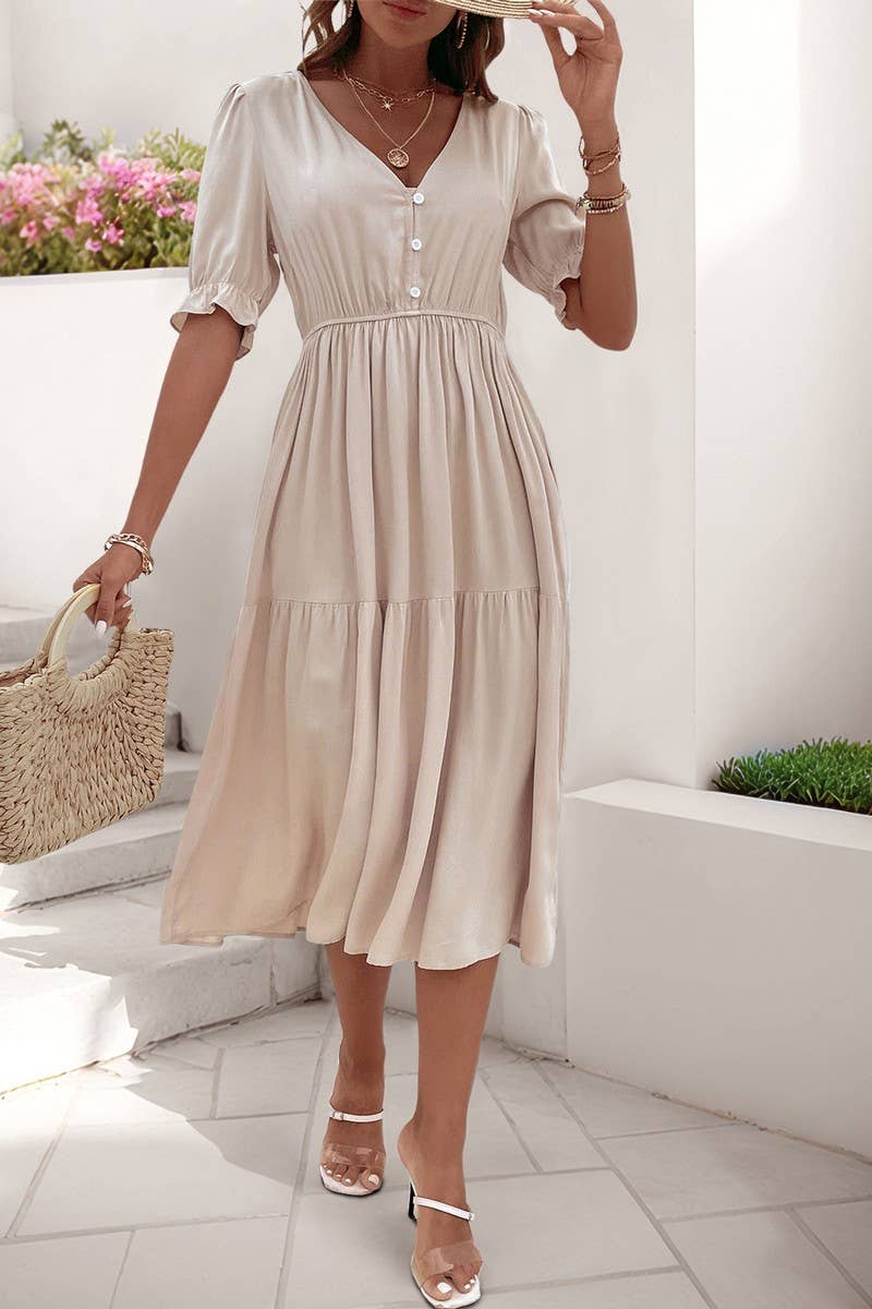 CWDMD5783_CASUAL RUCHED PUFF SLEEVE V-NECK SOLID DRESS