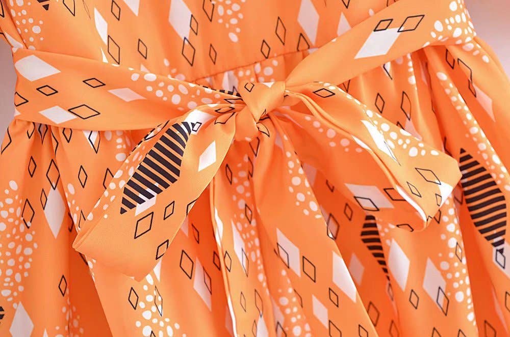 PRINTED CREW NECK FROCK WITH PUFFY SLEEVES