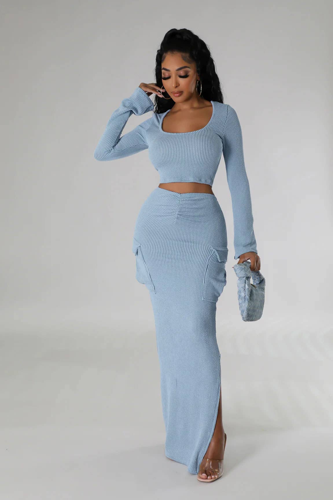 U-NECK TIGHT TOP LONG SKIRT TWO-PIECE SET