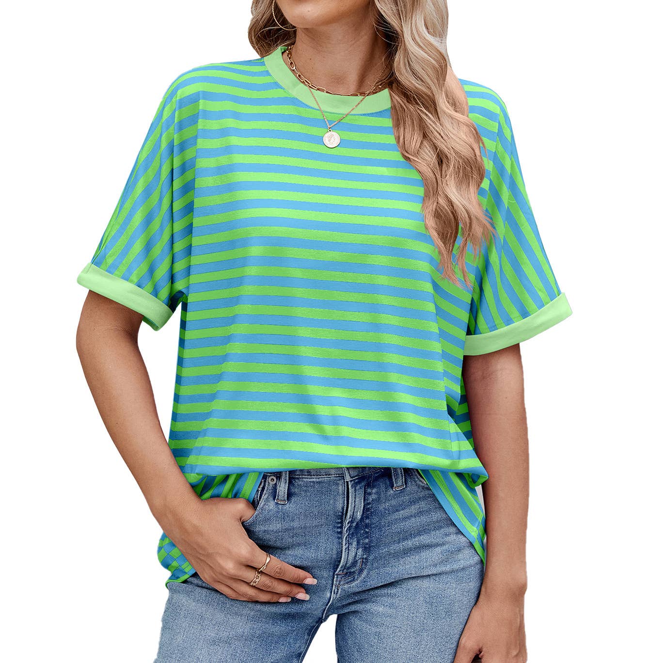 Round neck sleeved striped short-sleeved T-shirt