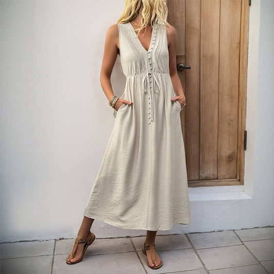 Solid color V-neck loose sleeveless tank dress