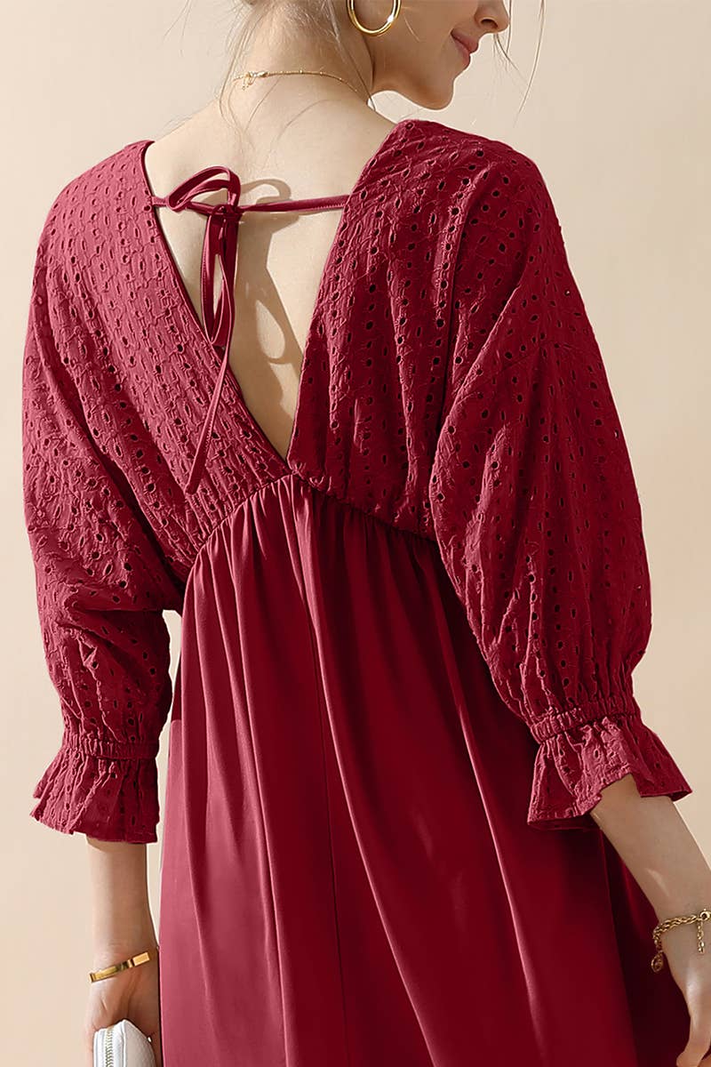 CWDMD795_3/4 SLEEVE V NECK LONG DRESS