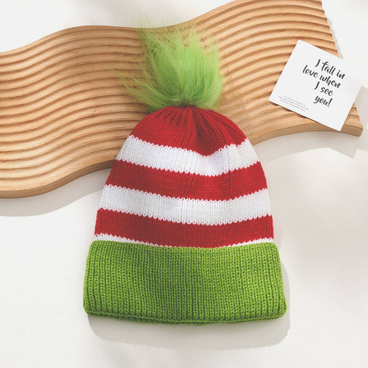 CWAH04355_KIDS RED GREEN STRIPED KNIT HAT