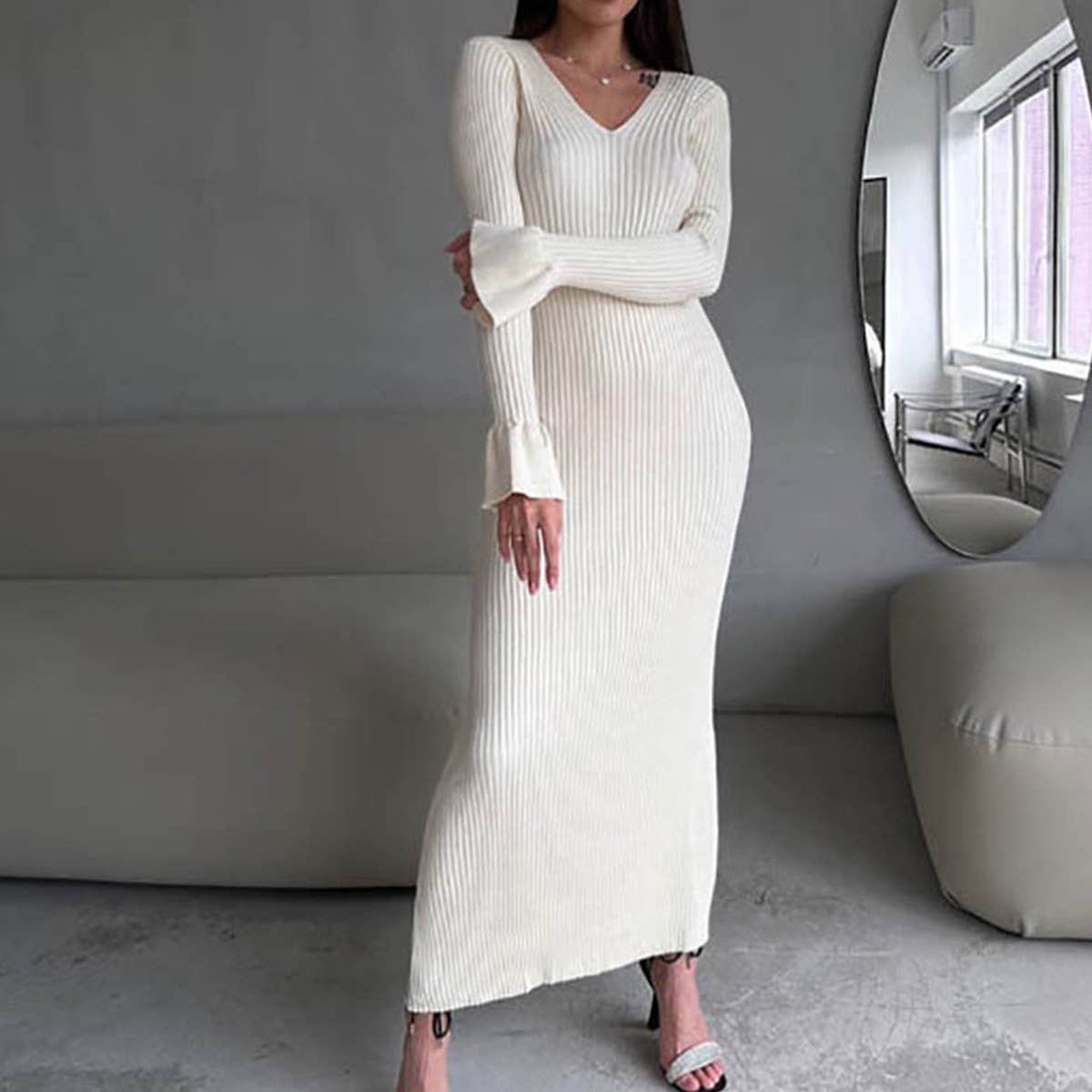 SOLID COLOR PIT WOOL WOVEN V-NECK SWEATER DRESS