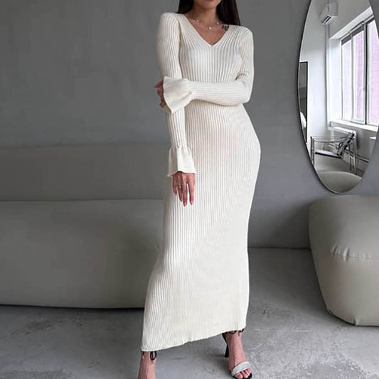 SOLID COLOR PIT WOOL WOVEN V-NECK SWEATER DRESS