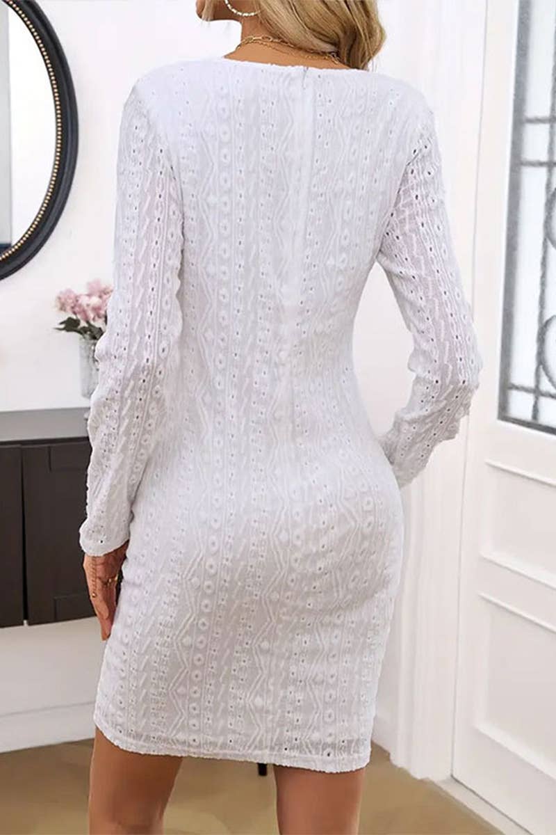 LACE LONG SLEEVE ROUND NECK PATCHWORK HIP DRESS