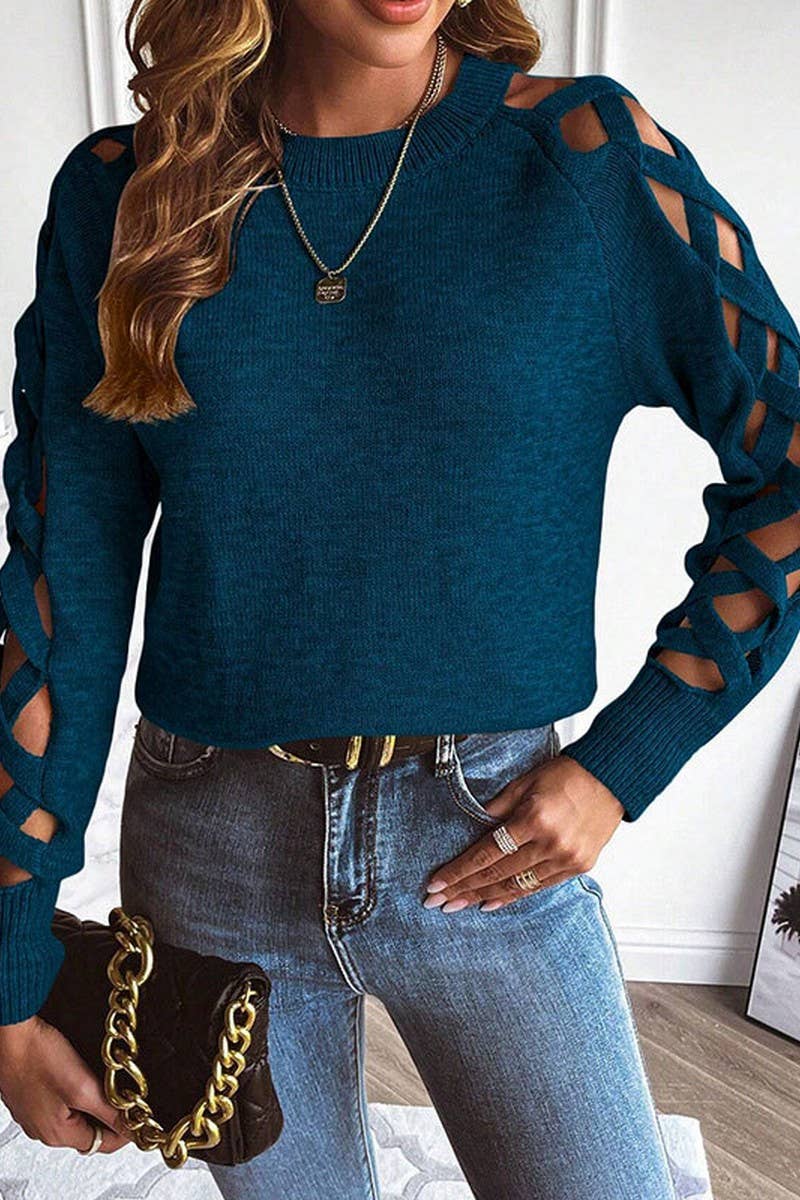 CWOSWL07365_HOLLOW STRIP PATCH LONG SLEEVE KNIT CREWNECK TOP