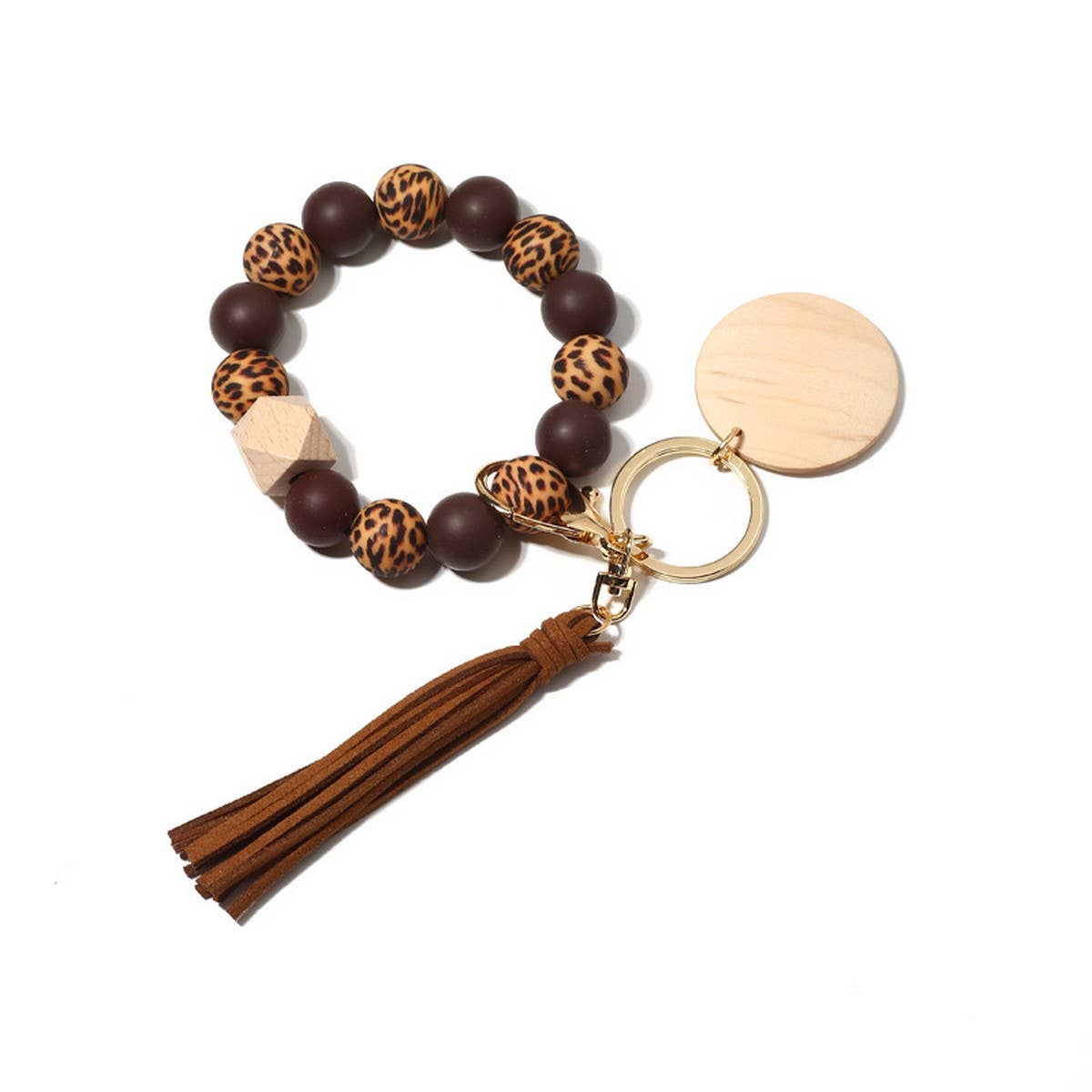 Silicone Bead Bracelet Keychain with Beech Wood