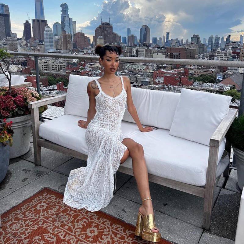 Lace semi-transparent halter one-shoulder dress