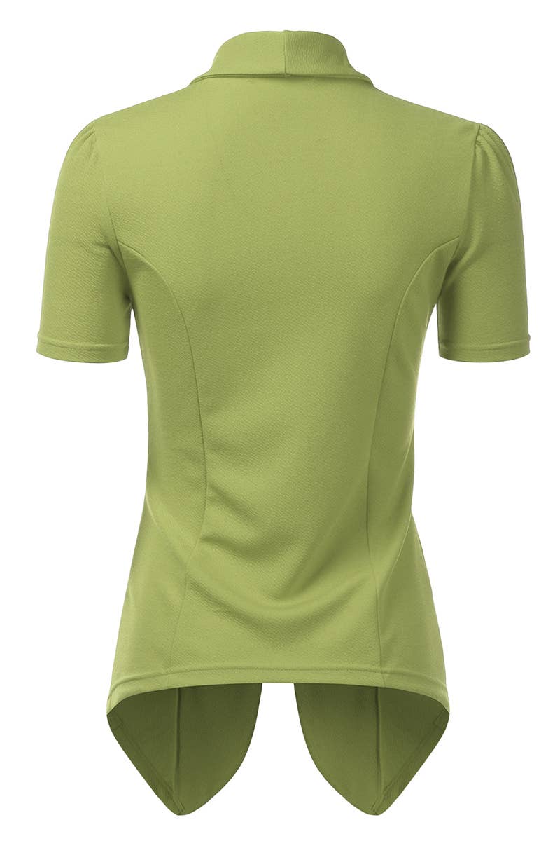 CWOBL095_Short Sleeve Open Front Draped Ruffles Blouses