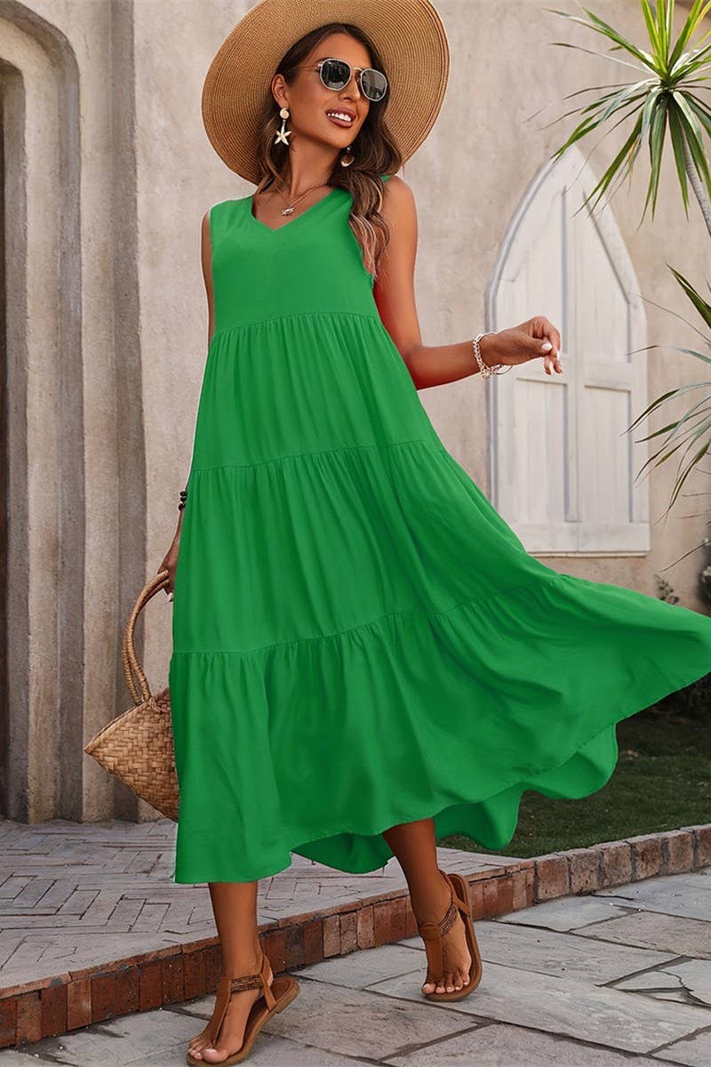 CWDMD4880_SOLID V NECK TIERED HEM SLEEVELESS DRESS