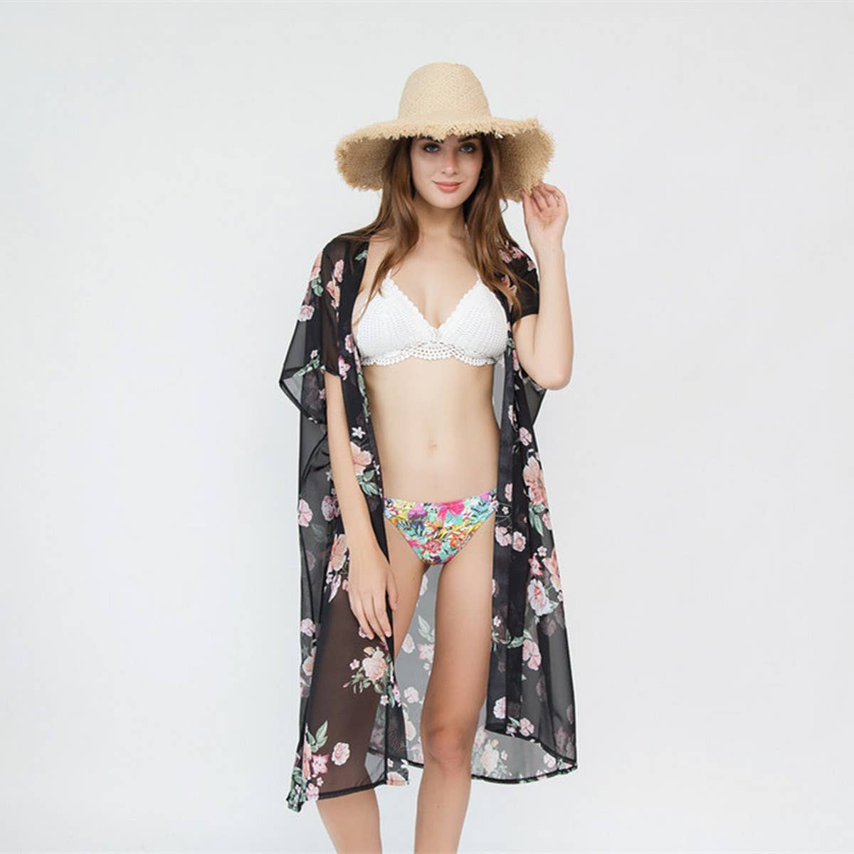 FLORAL PRINT FLOUNCE SLEEVE KIMONO