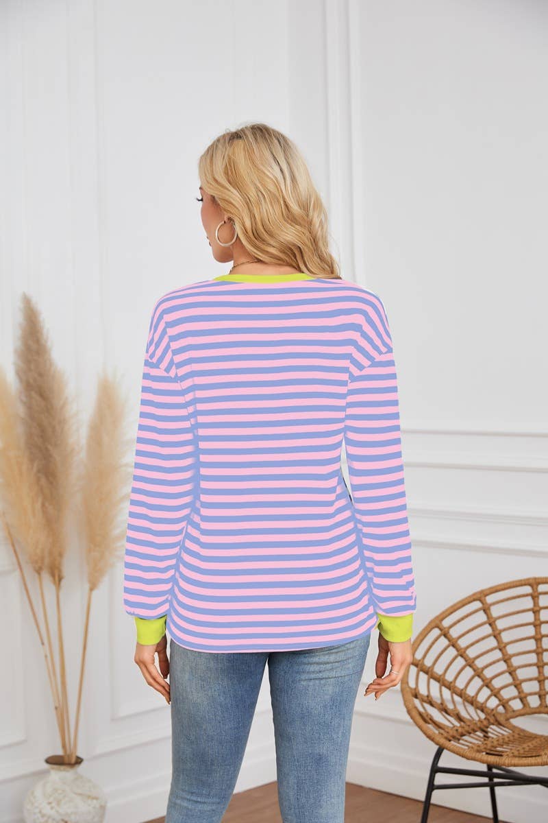 STRIPED CREW-NECK LONG-SLEEVED PULLOVER HOODIE