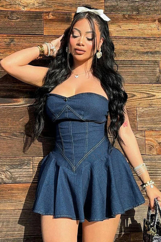 CWDTD0389_STRAPLESS FAUX DENIM HIP-HUGGING DRESS